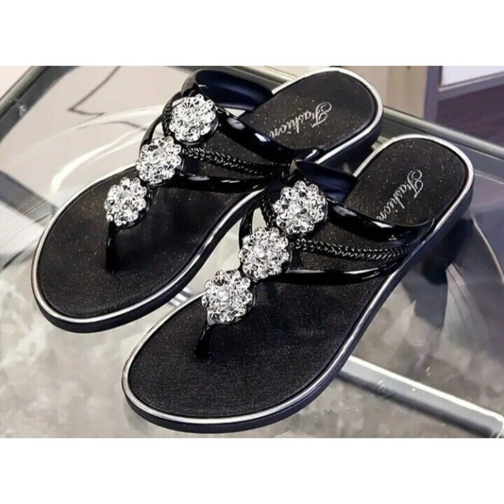 Women's (Bling!)-(Rhinestone)-(Flower)-(Flip Flops)-(Black)-(Size:9.5)-(New)-$30 - Picture 6 of 7